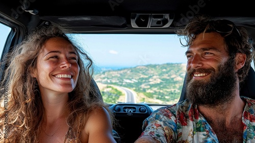 Happy couple enjoying a road trip with smiles and scenic views in the background. photo