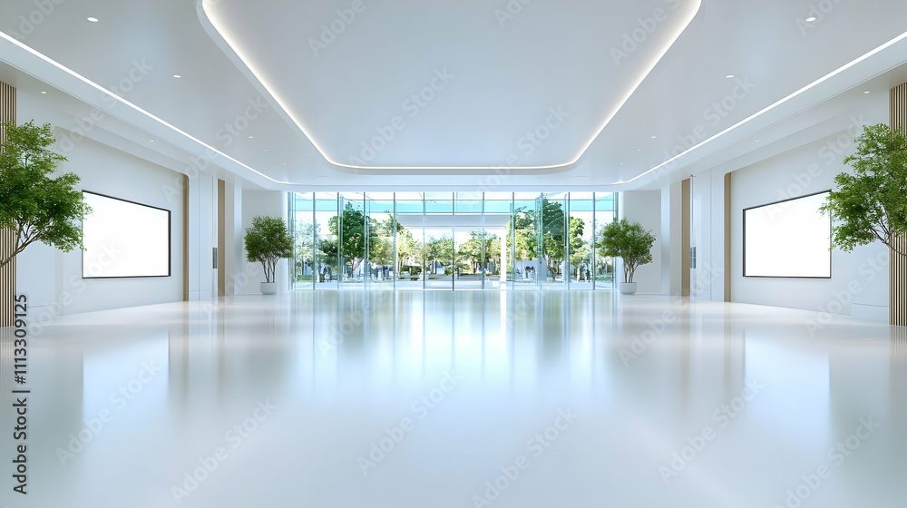 Fototapeta premium Modern interior design with expansive windows framing a breathtaking view