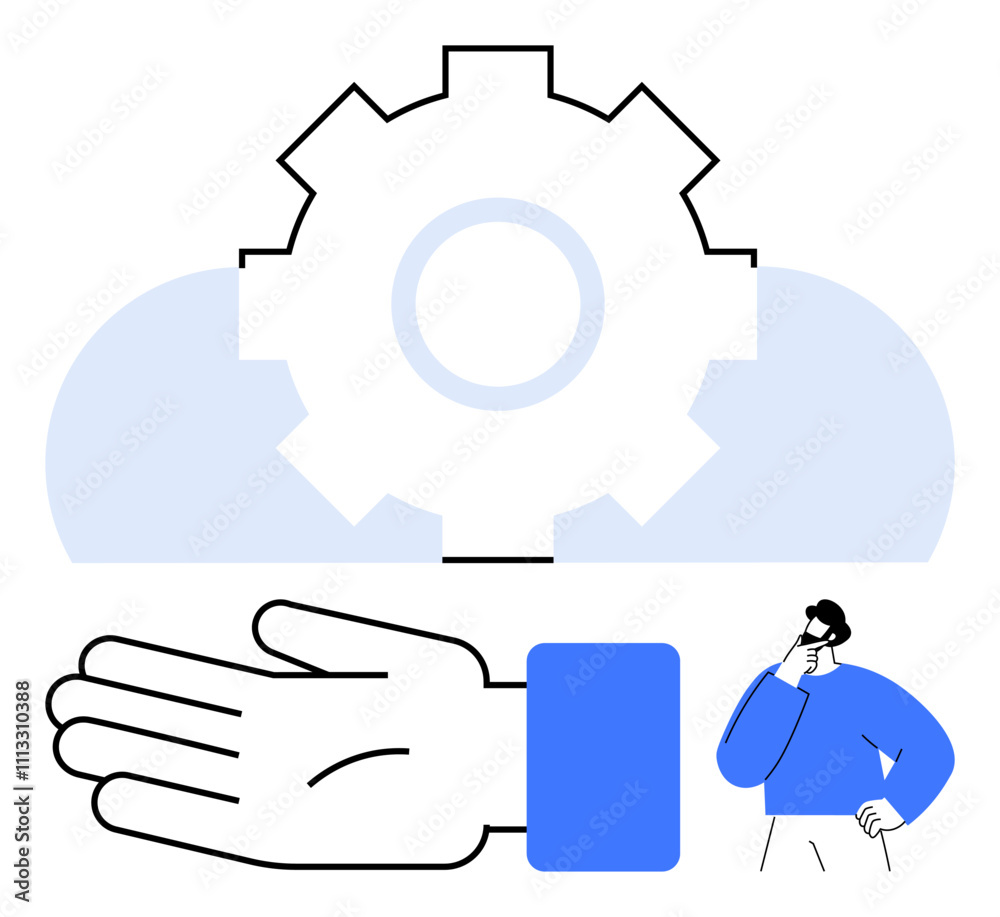 Hand gesturing support with large gear symbolizing technology, small person thinking. Ideal for help, assistance, solutions, support, guidance, technology innovation. Line metaphor Hand gesturing support with large gear symbolizing technology, small person thinking. Ideal for help, assistance, solutions, support, guidance, technology innovation. Line metaphor