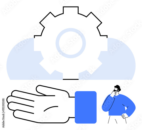 Hand gesturing support with large gear symbolizing technology, small person thinking. Ideal for help, assistance, solutions, support, guidance, technology innovation. Line metaphor