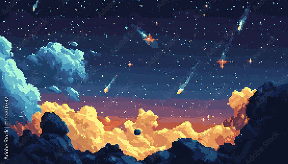 Fototapeta premium Space background with moons and meteors in pixel art