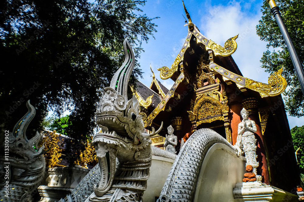 Fototapeta premium Chapel, Architecture Lanna, Symbols of Buddhism at Wat Ram Poeng (Tapotaram), Chiang Mai, Northern Thailand