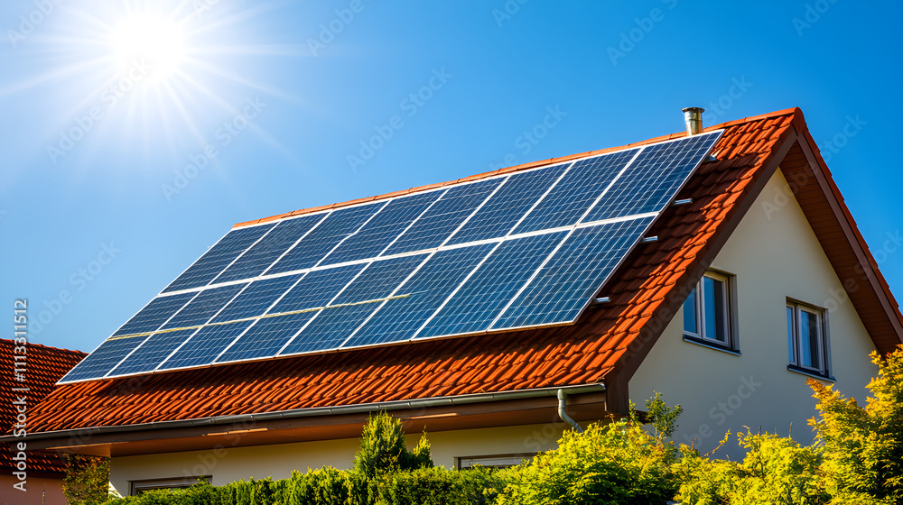 Naklejka premium Highlighting renewable energy, with modern homes equipped with solar panels under a bright sky