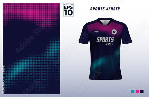 T-shirt sport design template for soccer jersey with halftone pattern background. Sport uniform in front view. Tshirt mock up for sport club. Vector Illustration