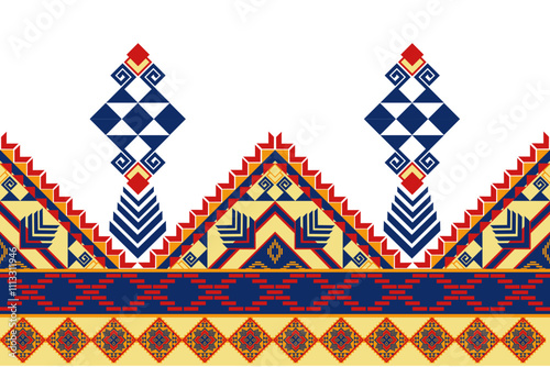 Colorful geometric pattern with intricate designs and vibrant colors. Ideal for textiles or backgrounds