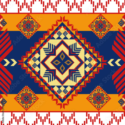 Colorful geometric pattern with vibrant colors and intricate designs. Ideal for textiles or backgrounds