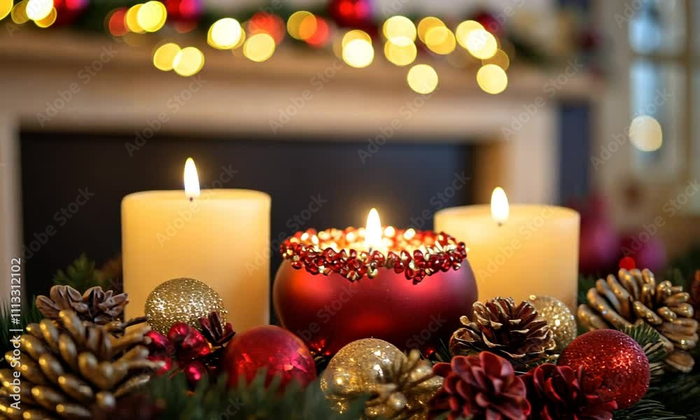 A cozy holiday scene featuring candles and festive decorations. A cozy holiday scene featuring candles and festive decorations.