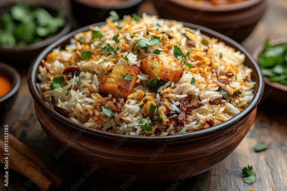 A bowl of biryani garnished with herbs, showcasing a delicious rice dish. A bowl of biryani garnished with herbs, showcasing a delicious rice dish.