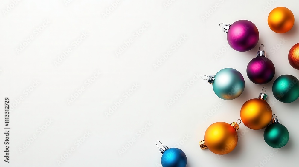 Obraz premium Colorful Christmas ornaments arranged on light background, creating festive mood