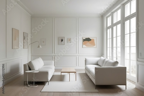 Minimalist living room with two sofas, a coffee table, artwork, and large windows.