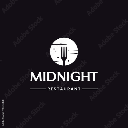 Midnight Restaurant, Full moon with Fork for Dinner Restaurant Vintage Logo design vector