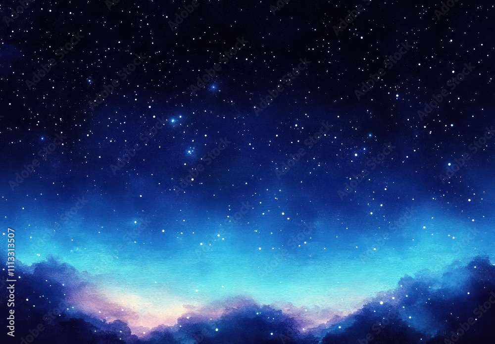 Naklejka premium Night Sky Watercolor Landscape with Stars and Celestial Glow