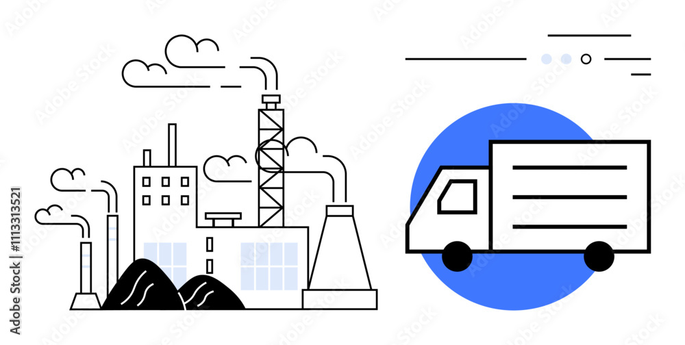 Factory buildings and smokestacks emitting smoke delivery truck moving ahead. Ideal for supply chain, logistics, manufacturing, pollution awareness, transportation networks, industrial growth Factory buildings and smokestacks emitting smoke delivery truck moving ahead. Ideal for supply chain, logistics, manufacturing, pollution awareness, transportation networks, industrial growth