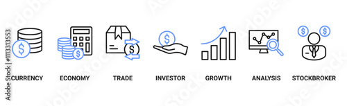 Forex banner web icon vector illustration concept with icon of currency, economy, trade, investor, growth, analysis and stockbroker