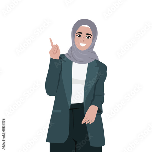 Young business woman pointing up. Flat Vector Character Isolated.