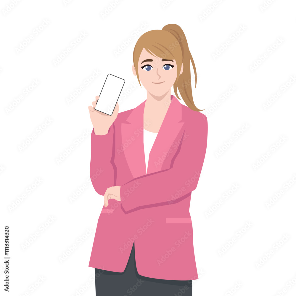 Woman showing blank smartphone screen and pointing on it. Flat Vector Character Isolated. Woman showing blank smartphone screen and pointing on it. Flat Vector Character Isolated.
