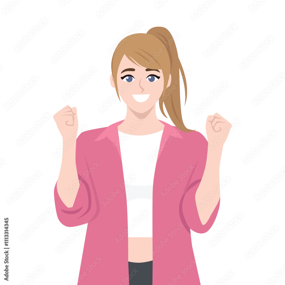 Young woman is smiling and cheerful. Surprised and excited. Flat Vector Character Isolated. Young woman is smiling and cheerful. Surprised and excited. Flat Vector Character Isolated.