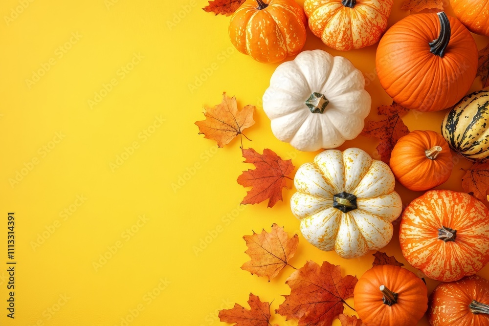 Top View of Colorful Pumpkins and Gourds with Maple Leaves on Yellow Background for Fall Harvest Decoration Top View of Colorful Pumpkins and Gourds with Maple Leaves on Yellow Background for Fall Harvest Decoration