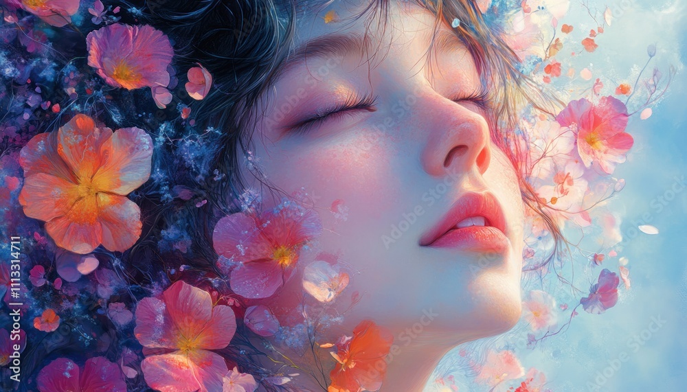 Joyful Girl Laughing Profile with Flowing Hair and Colorful Petals in Watercolor Style Joyful Girl Laughing Profile with Flowing Hair and Colorful Petals in Watercolor Style