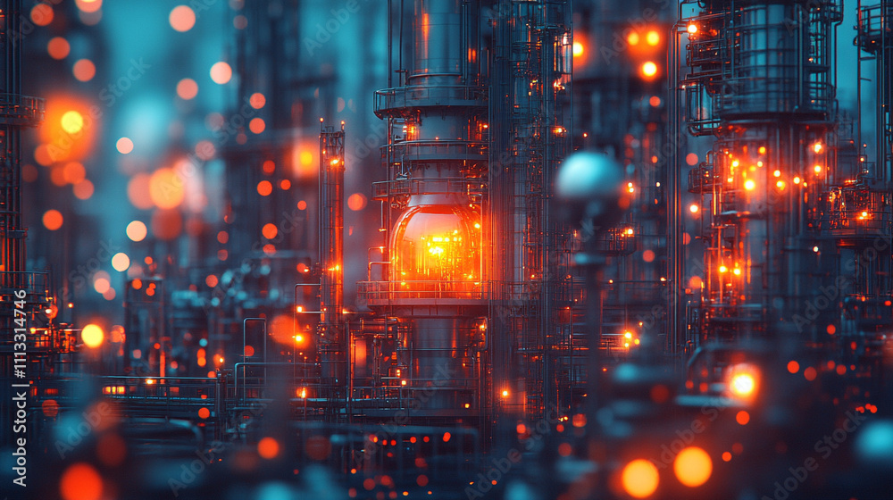Intricate network of glowing pipelines inside an oil refinery, showcasing the blend of industrial technology and energy production, symbolizing modern infrastructure and the power of energy systems