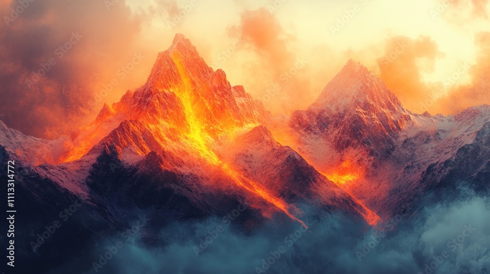 Fiery volcanic eruption on snow-capped mountain peak at sunset. Fiery volcanic eruption on snow-capped mountain peak at sunset.
