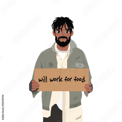 Destitute male figure holding a sign asking for help. Will work for food sign. Flat Vector Character Isolated.