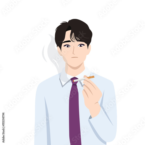 Young man smoking a cigarette and thinking to stop. Flat Vector Character Isolated.