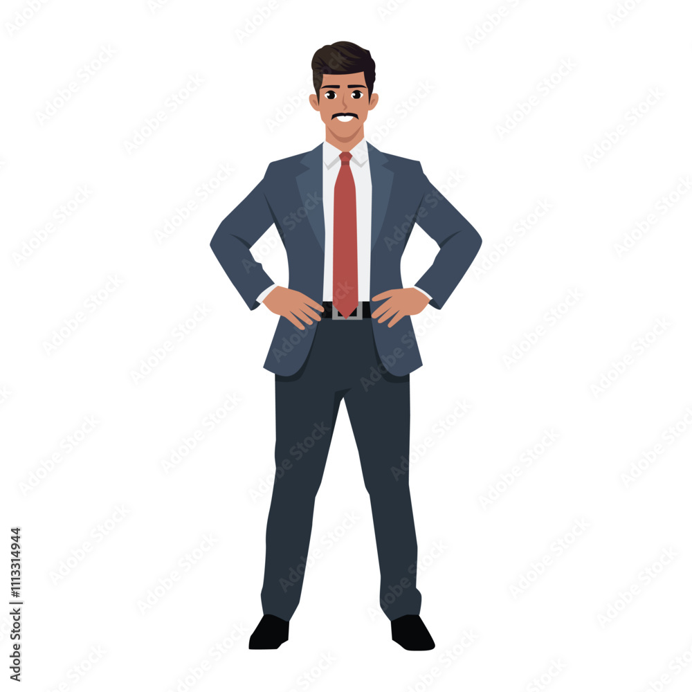 Business man manager with hands on hips. Flat Vector Character Isolated. Business man manager with hands on hips. Flat Vector Character Isolated.