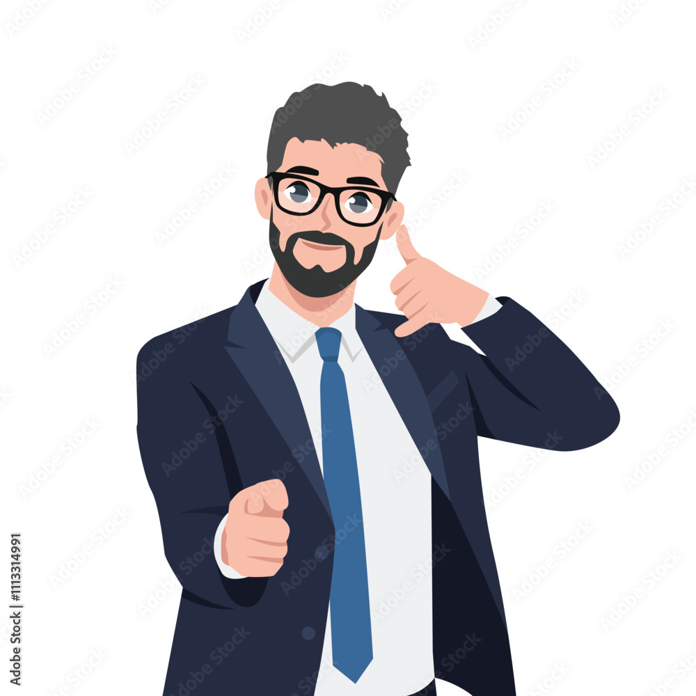 Young business man speaking on phone and pointing you gesture. Flat Vector Character Isolated. Young business man speaking on phone and pointing you gesture. Flat Vector Character Isolated.