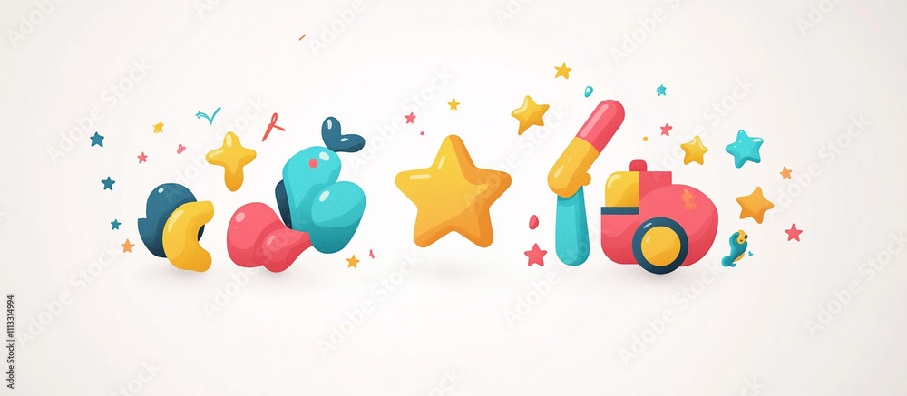 Fototapeta premium Playful logo with cheerful colors, rounded sans-serif font, and whimsical elements like stars and toy shapes, perfect for children's brands