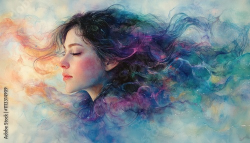 Dreamy Watercolor Portrait of a Woman with Flowing Hair and Soft Pastel Colors