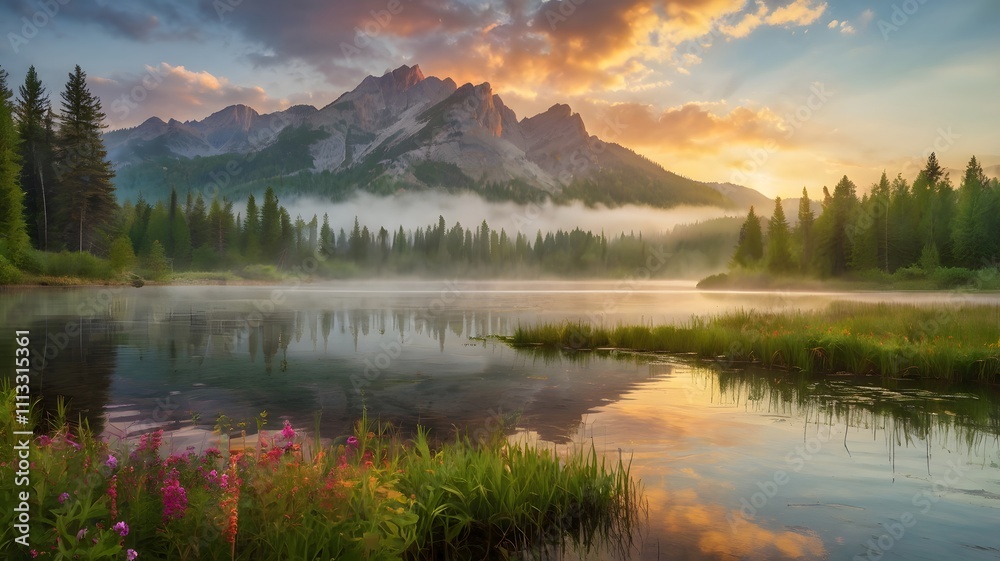 Tranquil Mountain Lake at Sunrise With Mist and Autumn Colors Tranquil Mountain Lake at Sunrise With Mist and Autumn Colors
