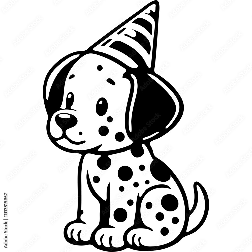 Dalmatian puppy wearing a carnival cone hat in monochrome. Simple minimalistic vector in black ink drawing on transparent background