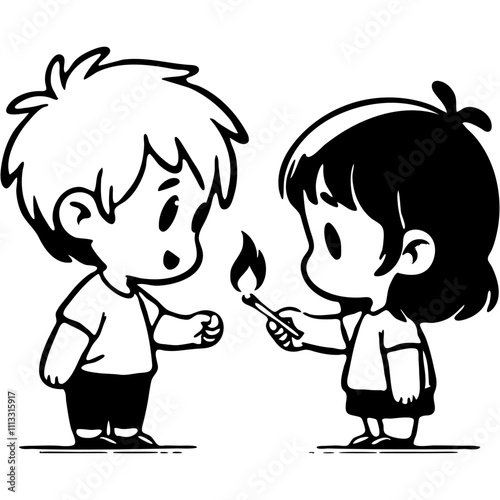 Children play with matches carelessly and can get burned in monochrome. Careful handling of matches and fire. Simple minimalistic vector in black ink drawing on transparent background