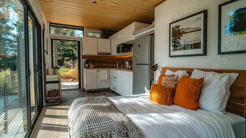 A host managing bookings for a tiny home rental through an online platform, ensuring a steady passive income photo