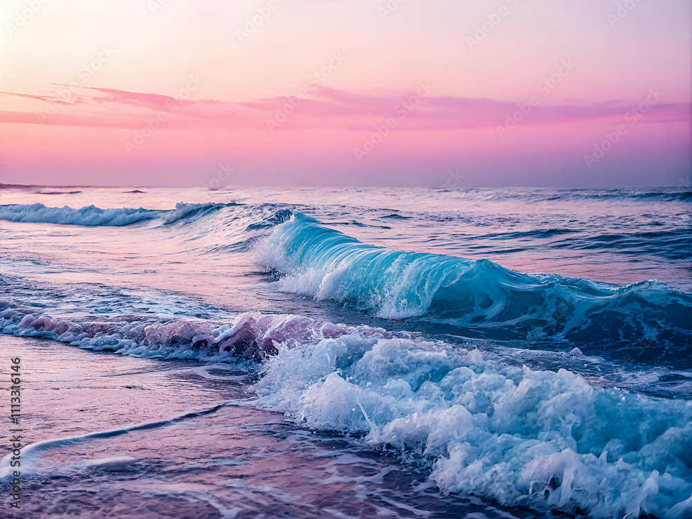 Pink sky, turquoise waves. Beautiful landscape background Pink sky, turquoise waves. Beautiful landscape background