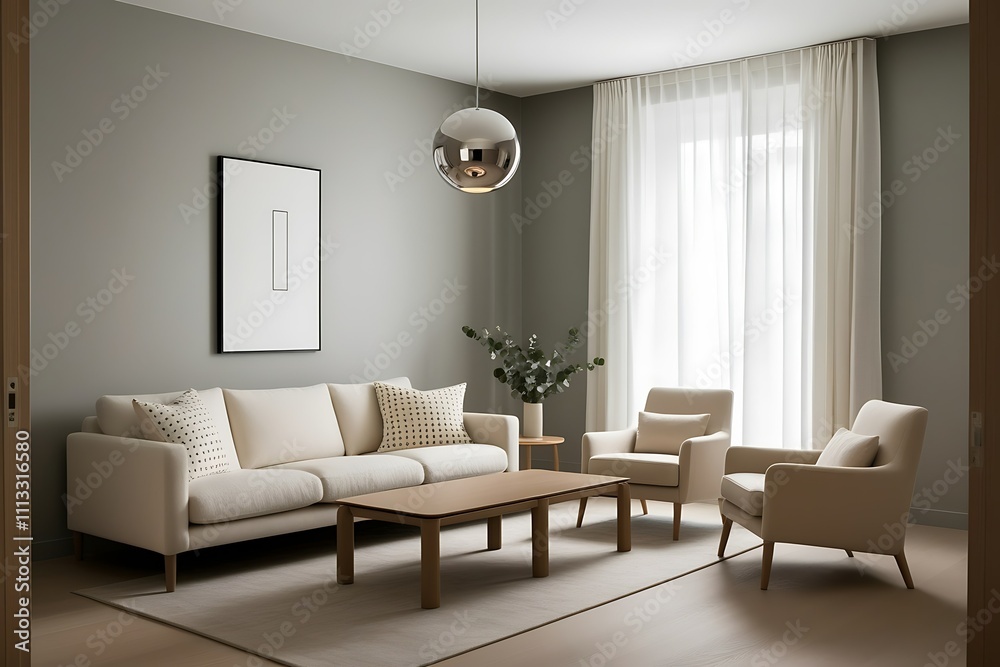Fototapeta premium Modern living room with beige sofa, armchairs, coffee table, and large window.
