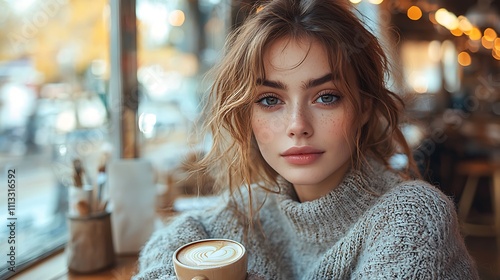 Dreamy expression on a confident woman in a coffee shop, oversized sweater, sipping coffee by the window, high-contrast light, unapproachable beauty, body art photography  photo