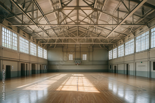 Wide-angle shot of a modern gymnasium interior featuring an empty basketball court, high ceilings with exposed beams. photo