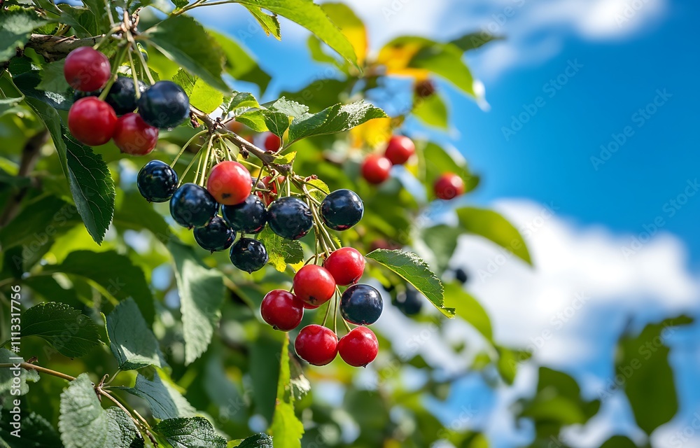 Red and Black Cherries on Branch Against Blue Sky Red and Black Cherries on Branch Against Blue Sky