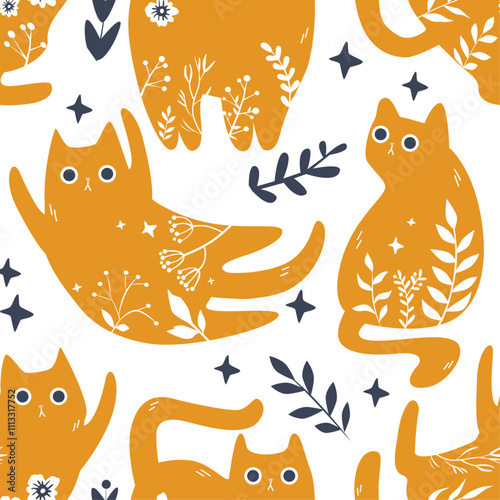 Seamless childish cartoon orange cats pattern on white background.