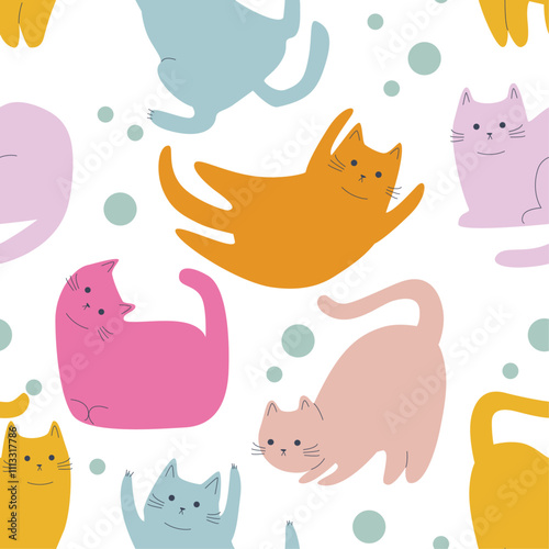 Seamless childish cartoon colorfull cats pattern on white background