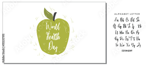 World Health Day lettering handwritten with calligraphic font on green hand drawn apple isolated on white background. Fresh fruit with elegant inscription. Bright colored vector illustration.