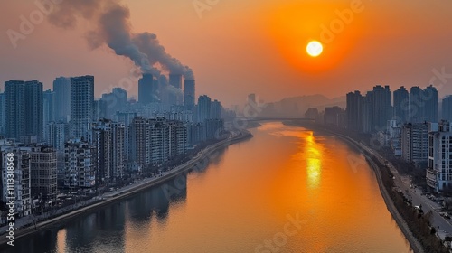 Sunset Over Urban River with Emissions and Reflection