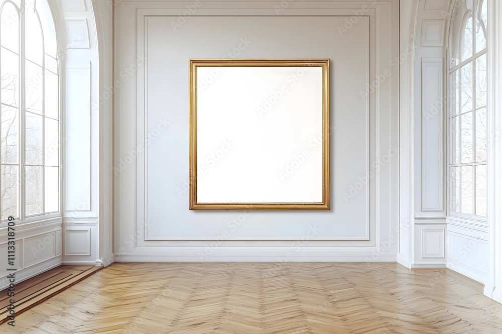 Empty Gold Picture Frame in Dark Art Gallery with Wooden Floor, Illuminated Display Empty Gold Picture Frame in Dark Art Gallery with Wooden Floor, Illuminated Display