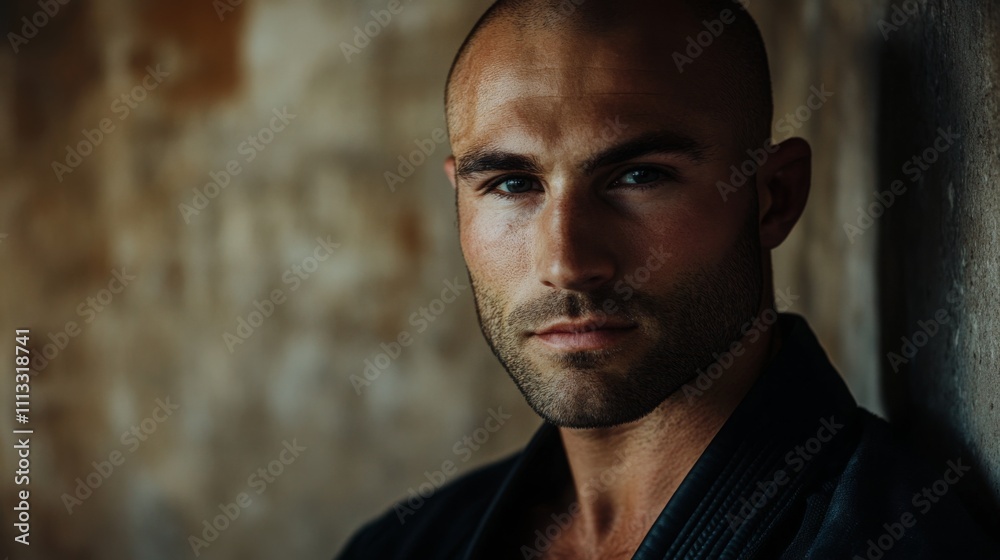 Fototapeta premium A man with a shaved head gazes intensely at the camera while leaning against a weathered wall. His expression reflects determination and strength in a dimly lit indoor setting.