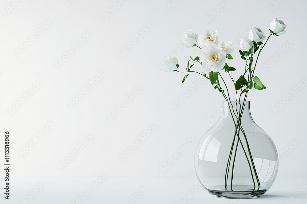 Transparent glass vase with long-stemmed roses on a clean white background Transparent glass vase with long-stemmed roses on a clean white background