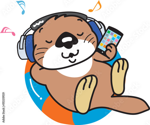 浮き輪にのって、スマホで音楽を聴くラッコ
