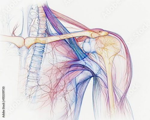 Detailed anatomical diagram of the human shoulder joint, showing the scapula, clavicle, humerus, and surrounding ligaments and muscles