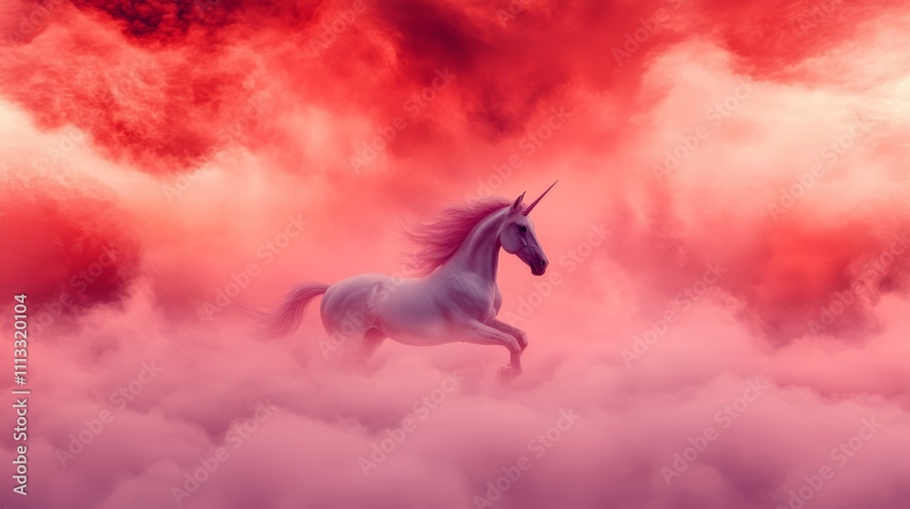 Majestic unicorn gracefully runs through a dreamy, pink and red sky, a magical sight. Majestic unicorn gracefully runs through a dreamy, pink and red sky, a magical sight.